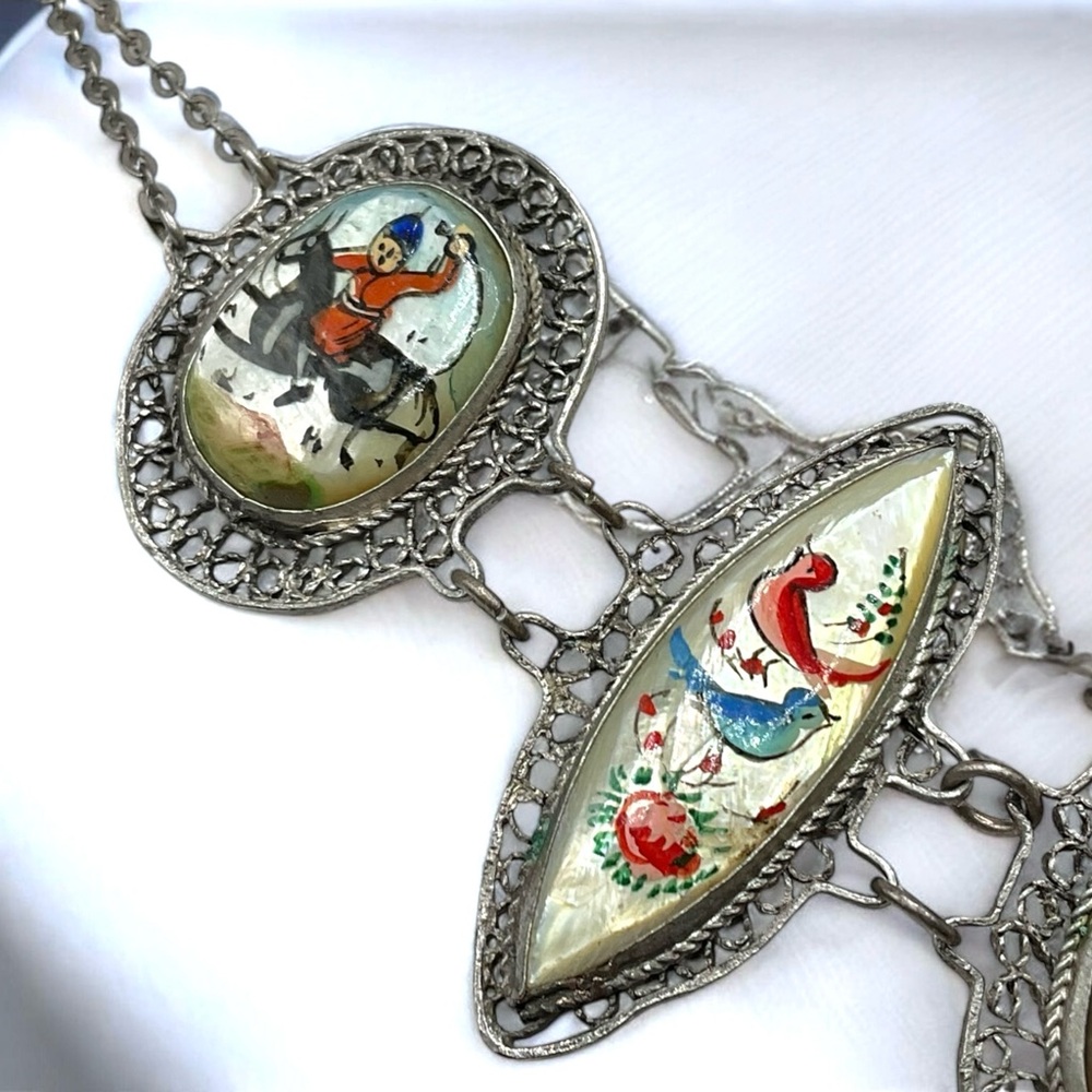 🌺 Antique Persian Hand-Painted Mother of Pearl Necklace & Earrings - Picture 10 of 15